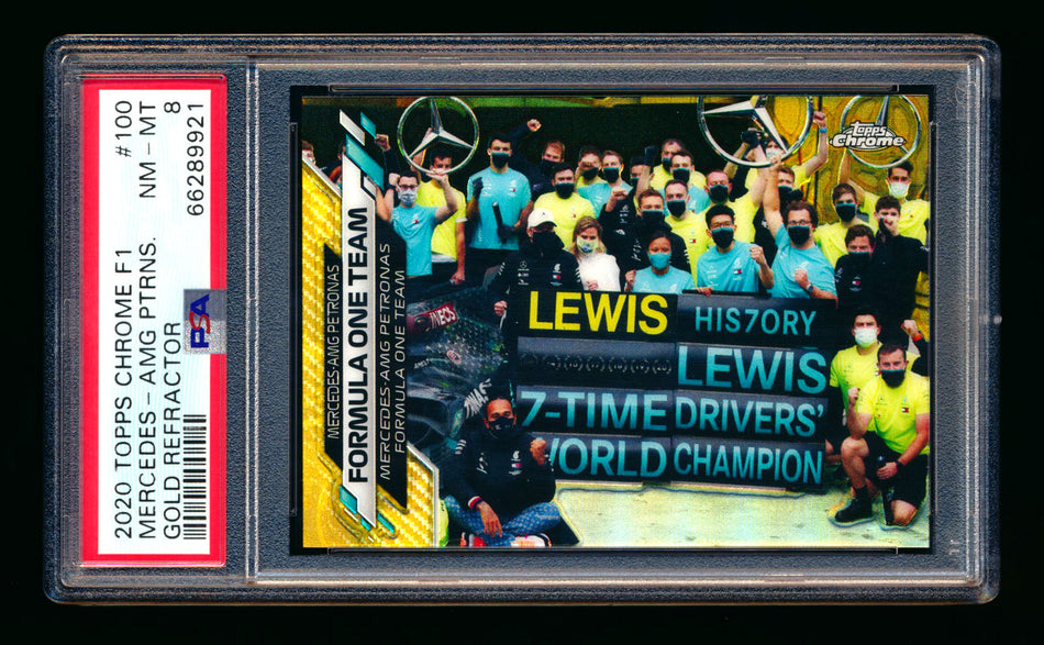 2020 Topps Chrome F1 #100 Mercedes-AMG Petronas/Lewis Hamilton RC Gold Refractor #08/50 PSA 8