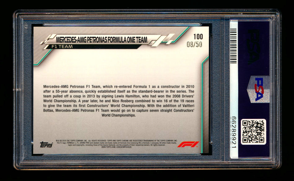 2020 Topps Chrome F1 #100 Mercedes-AMG Petronas/Lewis Hamilton RC Gold Refractor #08/50 PSA 8