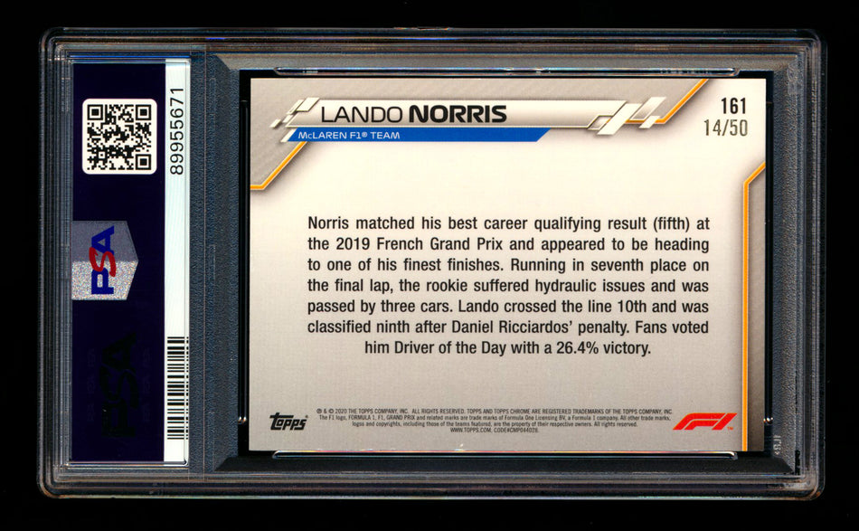 2020 Topps Chrome F1 #161 Lando Norris RC Gold Refractor #14/50 PSA 8