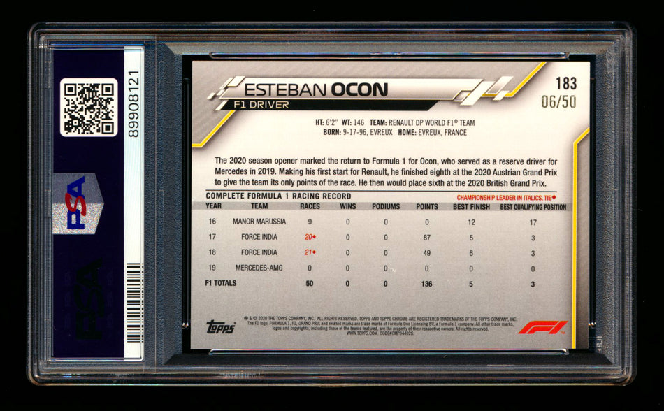 2020 Topps Chrome F1 #183 Esteban Ocon RC Gold Refractor #06/50 PSA 8