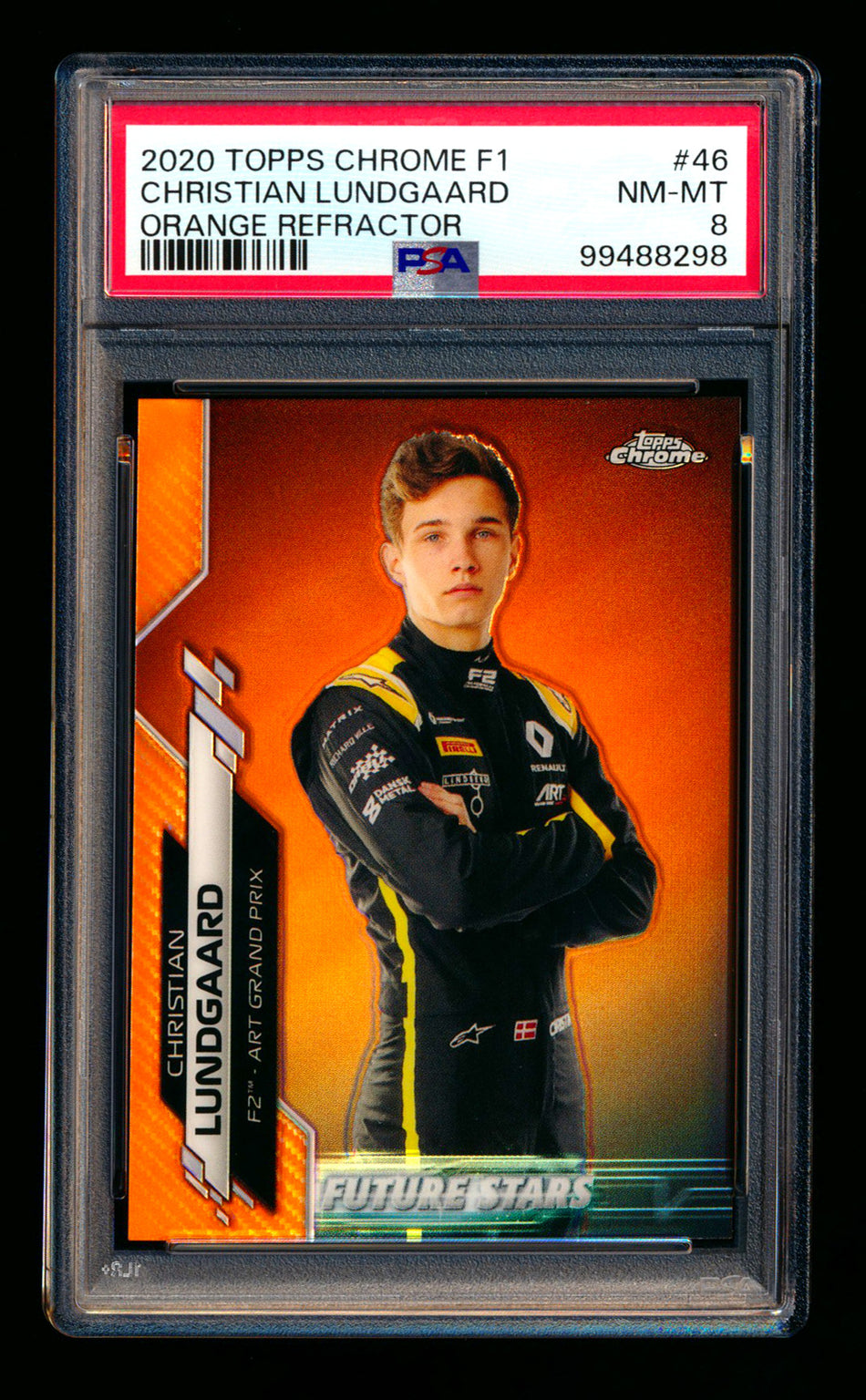 2020 Topps Chrome F1 #46 Christian Lundgaard RC Orange Refractor #03/25 PSA 8