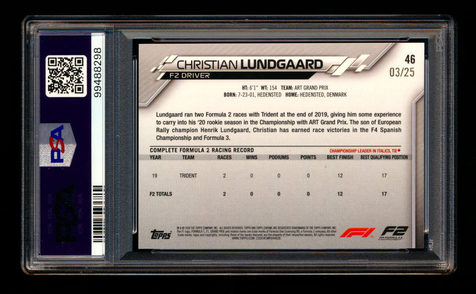 2020 Topps Chrome F1 #46 Christian Lundgaard RC Orange Refractor #03/25 PSA 8