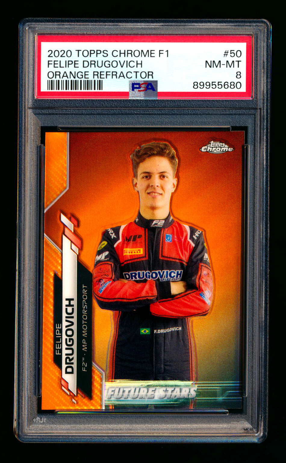 2020 Topps Chrome F1 #50 Felipe Drugovich RC Orange Refractor #16/25 PSA 8