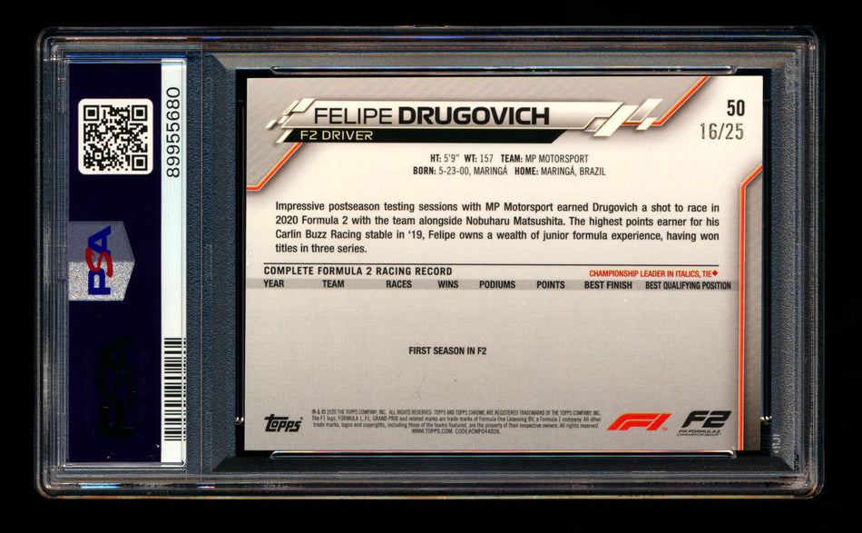 2020 Topps Chrome F1 #50 Felipe Drugovich RC Orange Refractor #16/25 PSA 8