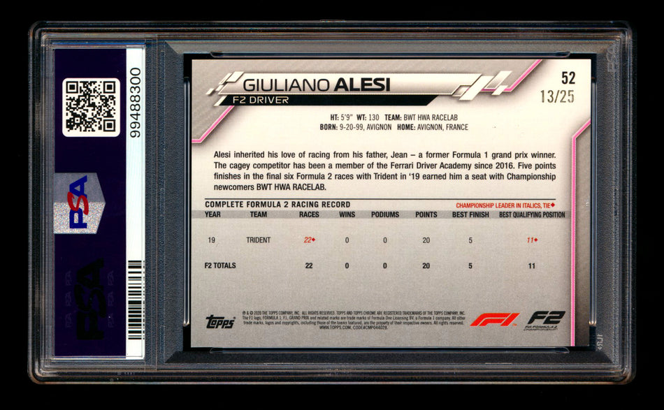 2020 Topps Chrome F1 #52 Giuliano Alesi RC Orange Refractor #13/25 PSA 7