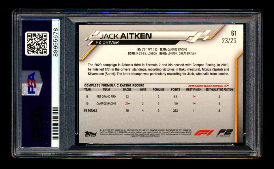 2020 Topps Chrome F1 #61 Jack Aitken RC Orange Refractor #23/25 PSA 8