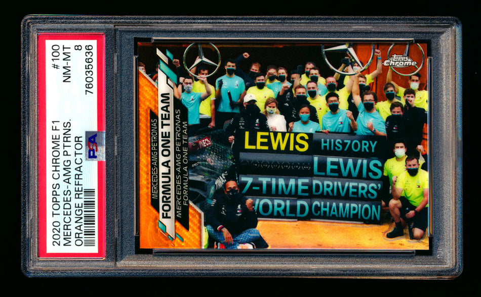 2020 Topps Chrome F1 #100 Mercedes-AMG Petronas/Lewis Hamilton RC Orange Refractor #04/25 PSA 8