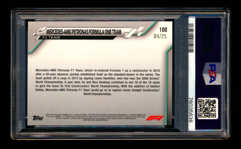 2020 Topps Chrome F1 #100 Mercedes-AMG Petronas/Lewis Hamilton RC Orange Refractor #04/25 PSA 8