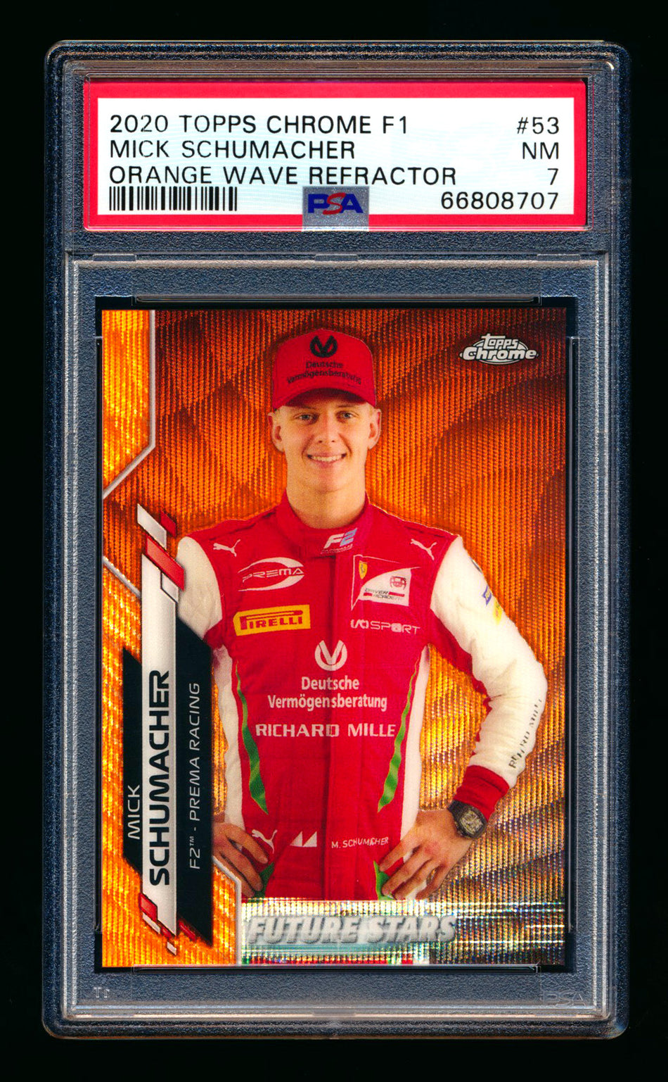 2020 Topps Chrome F1 #53 Mick Schumacher RC Orange Wave Refractor #01/25 PSA 7 (First #!)