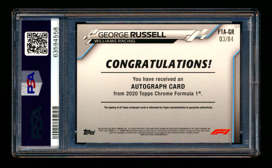 2020 Topps Chrome F1 #F1A-GR George Russell RC Refractor Autograph #03/84 PSA 7 DNA 10