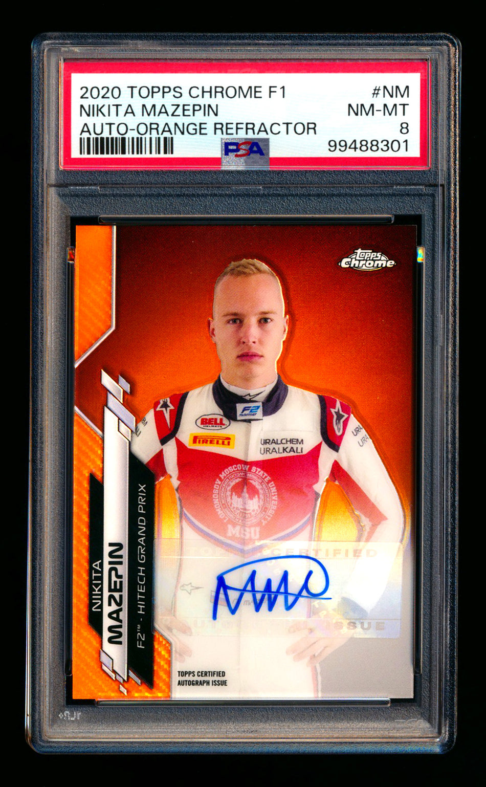 2020 Topps Chrome F1 #F1A-NM Nikita Mazepin RC Orange Refractor Autograph #15/25 PSA 8