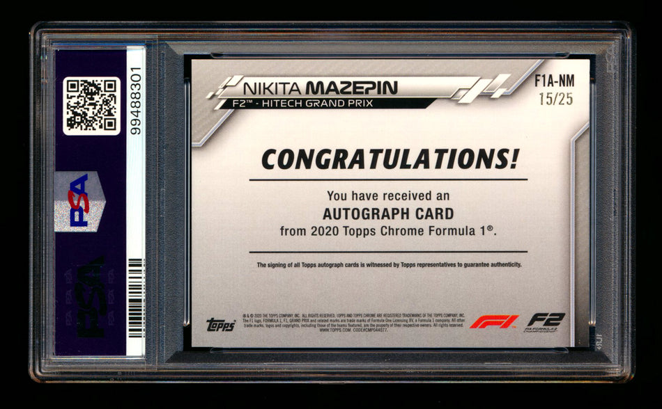 2020 Topps Chrome F1 #F1A-NM Nikita Mazepin RC Orange Refractor Autograph #15/25 PSA 8
