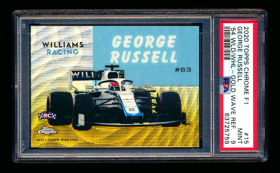 2020 Topps Chrome F1 1954 World on Wheels #54W-15 George Russell RC Gold Wave Refractor #15/50 PSA 9