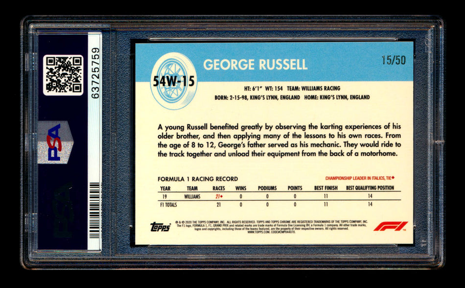 2020 Topps Chrome F1 1954 World on Wheels #54W-15 George Russell RC Gold Wave Refractor #15/50 PSA 9