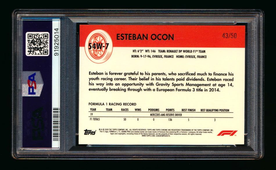 2020 Topps Chrome F1 1954 World on Wheels #54W-7 Esteban Ocon RC Gold Refractor #43/50 PSA 8 (Ultimate Wishlist - Wish Granted!) (Reserved) ** (SOLD - $160.00 - 3/15/2025) **