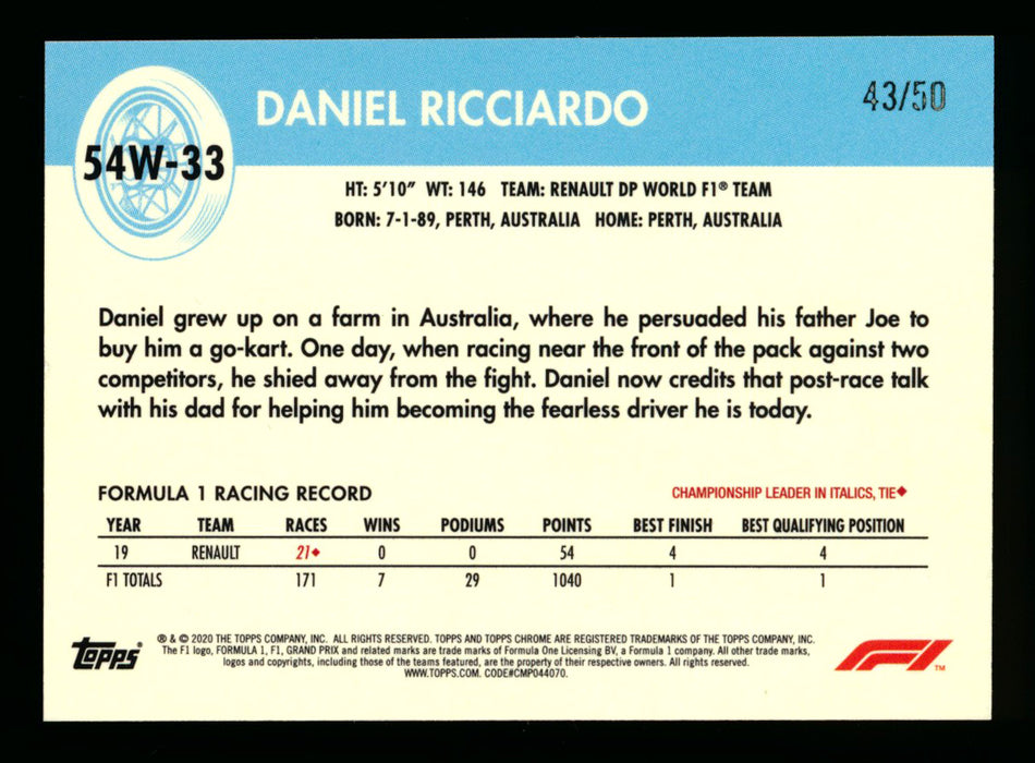 2020 Topps Chrome F1 1954 World on Wheels #54W-33 Daniel Ricciardo RC Gold Refractor #43/50 (Ultimate Wishlist - Wish Granted!) (Reserved) ** (SOLD - $160.00 - 3/15/2025) **