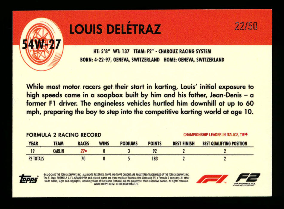 2020 Topps Chrome F1 1954 World on Wheels #54W-27 Louis Deletraz RC Gold Refractor #22/50 (Ultimate Wishlist - Wish Granted!) (Reserved) ** (SOLD - $140.00 - 3/15/2025) **