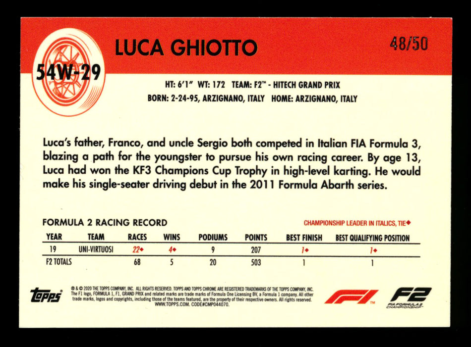 2020 Topps Chrome F1 1954 World on Wheels #54W-29 Luca Ghiotto RC Gold Refractor #48/50 (Ultimate Wishlist - Wish Granted!) (Reserved) ** (SOLD - $140.00 - 3/15/2025) **