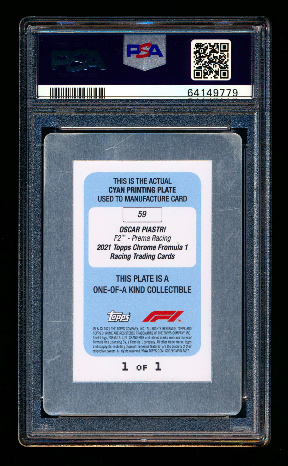 2021 Topps Chrome F1 #59 Oscar Piastri RC Cyan Printing Plate #1/1 PSA Authentic - POP 1!