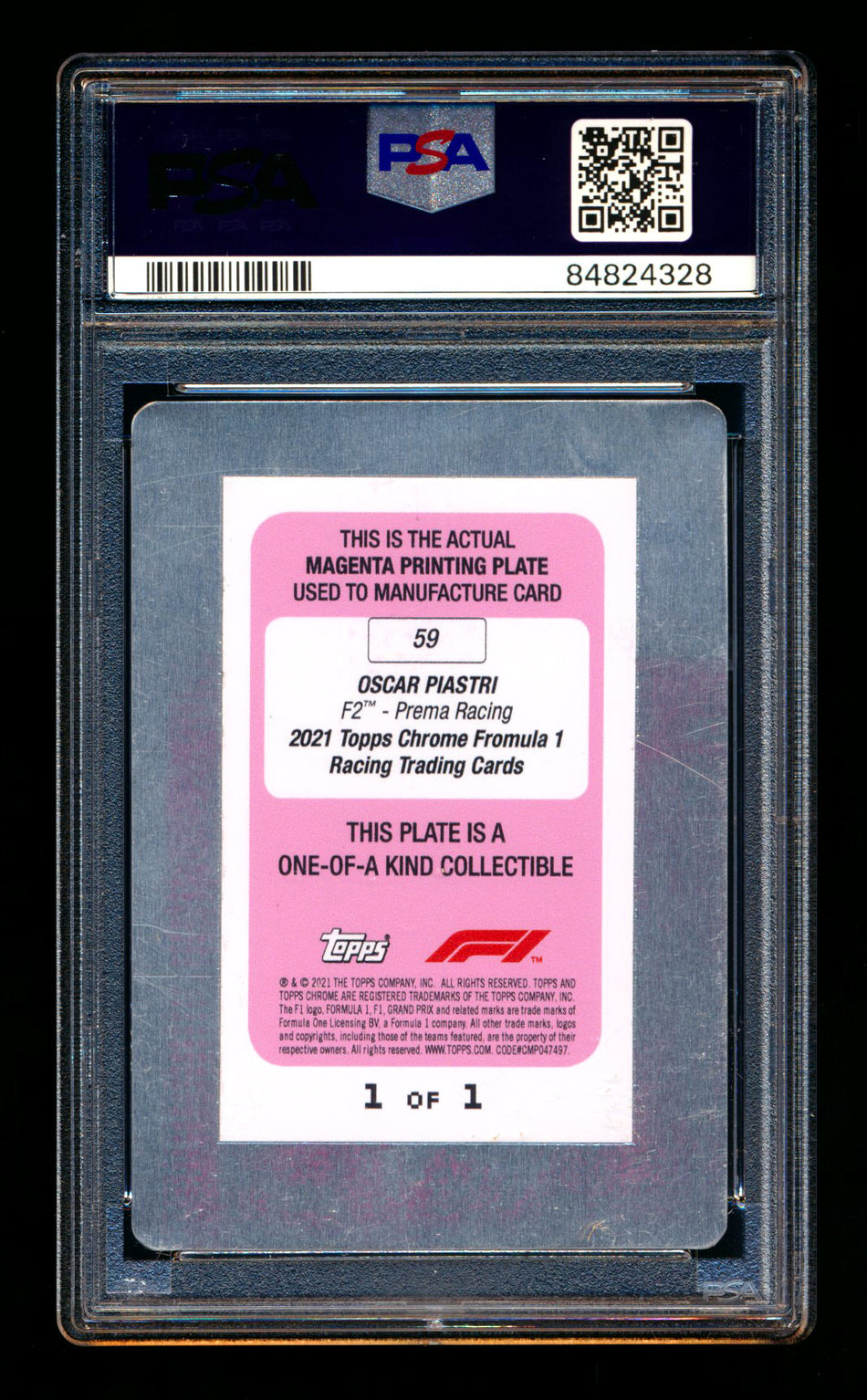 2021 Topps Chrome F1 #59 Oscar Piastri RC Magenta Printing Plate #1/1 PSA Authentic - POP 1!