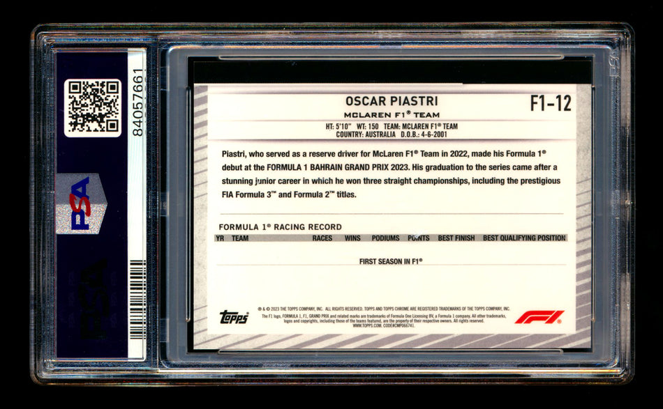 2023 Topps Chrome NSCC F1 #F1-12 Oscar Piastri RC Gold Refractor #02/50 PSA 10 ** (SOLD eBay - $350.00 - 4/20/2025) **