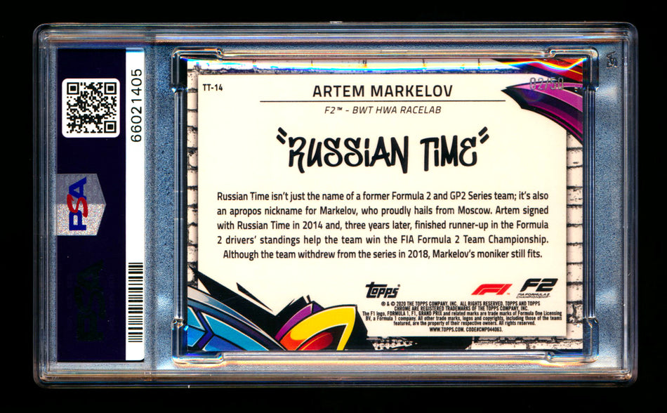 2020 Topps Chrome F1 Track Tags #TT-14 Artem "Russian Time" Markelov RC Gold Refractor #02/50 PSA 10