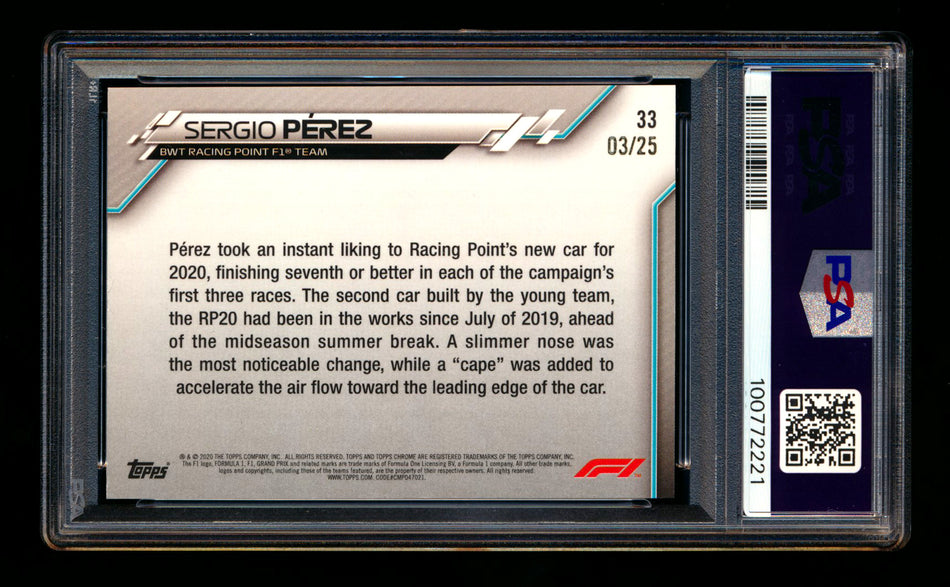 2020 Topps Chrome Sapphire F1 #33 Sergio Perez RC Orange Refractor #03/25 PSA 8 ** (SOLD - $79.00 - 4/19/2025) **