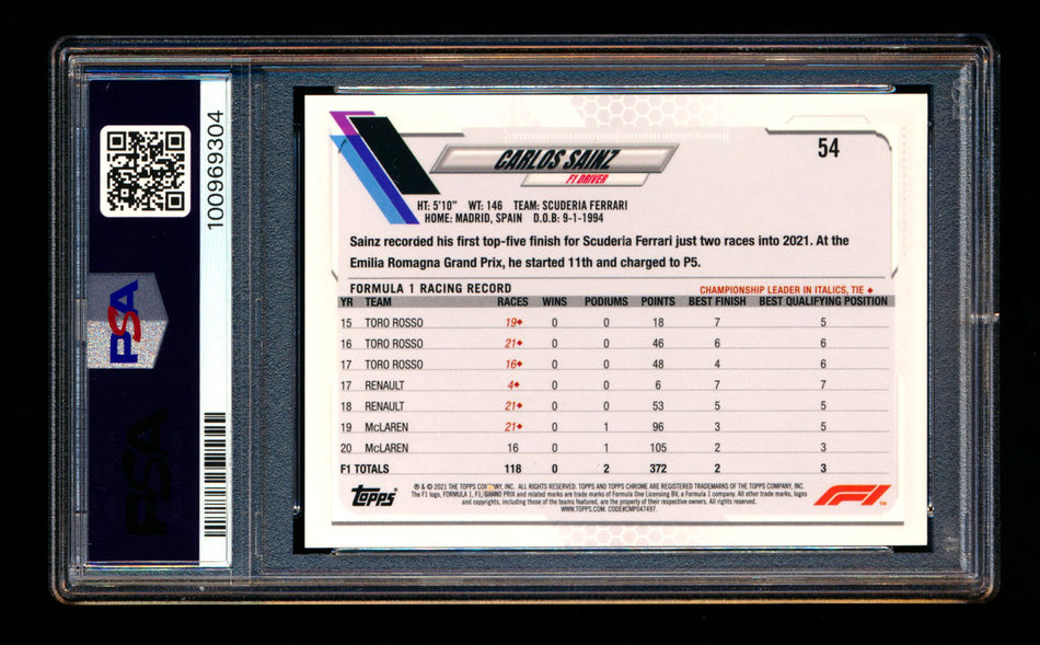 2021 Topps Chrome F1 #54 Carlos Sainz Gold/Purple Refractor PSA 10 ** (SOLD - $59.00 - 4/25/2025) **