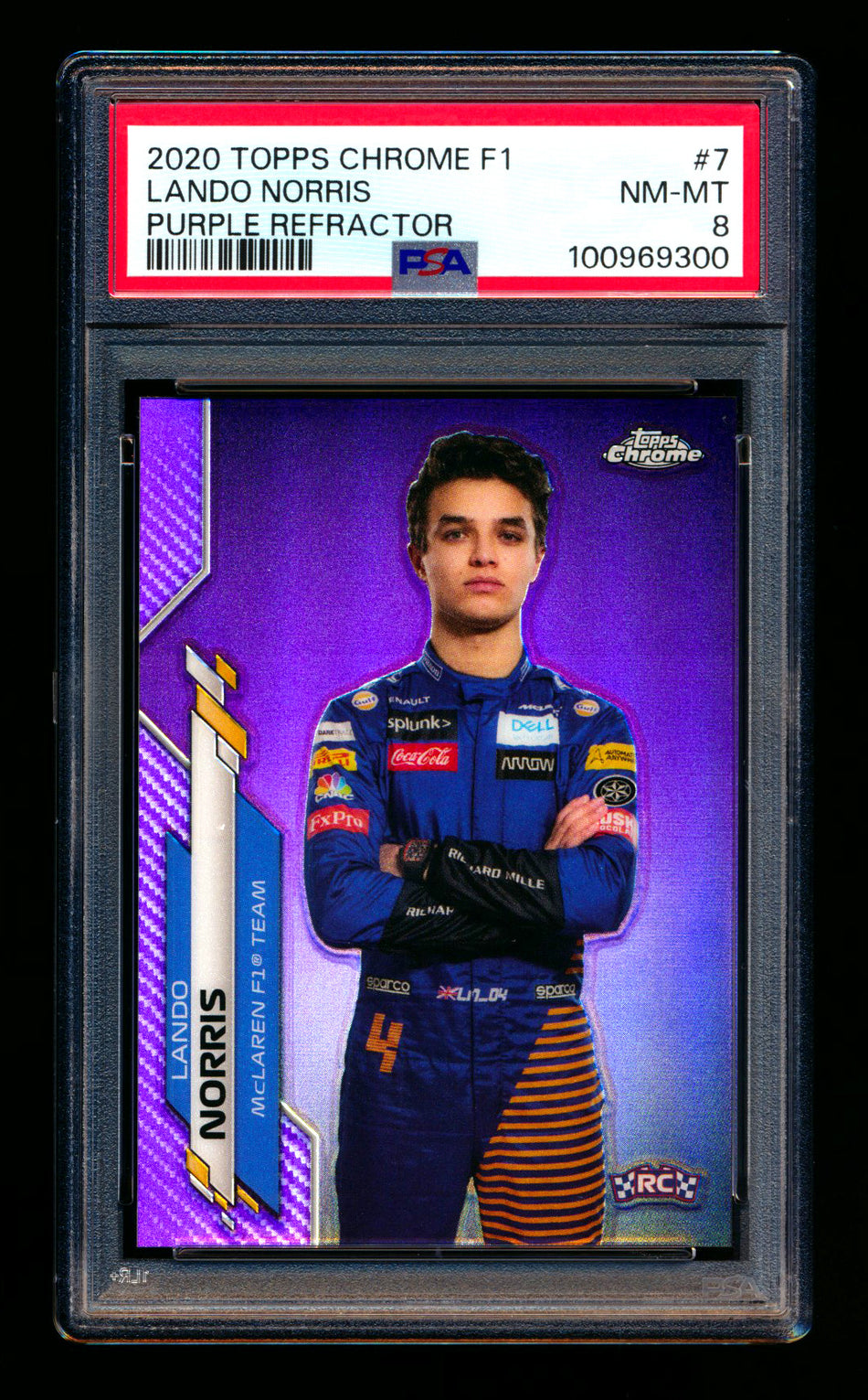 2020 Topps Chrome F1 #7 Lando Norris RC Purple Refractor Portrait #292/399 PSA 8 ** (SOLD - $209.00 - 4/18/2025) **