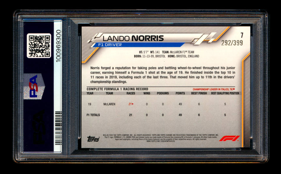 2020 Topps Chrome F1 #7 Lando Norris RC Purple Refractor Portrait #292/399 PSA 8 ** (SOLD - $209.00 - 4/18/2025) **