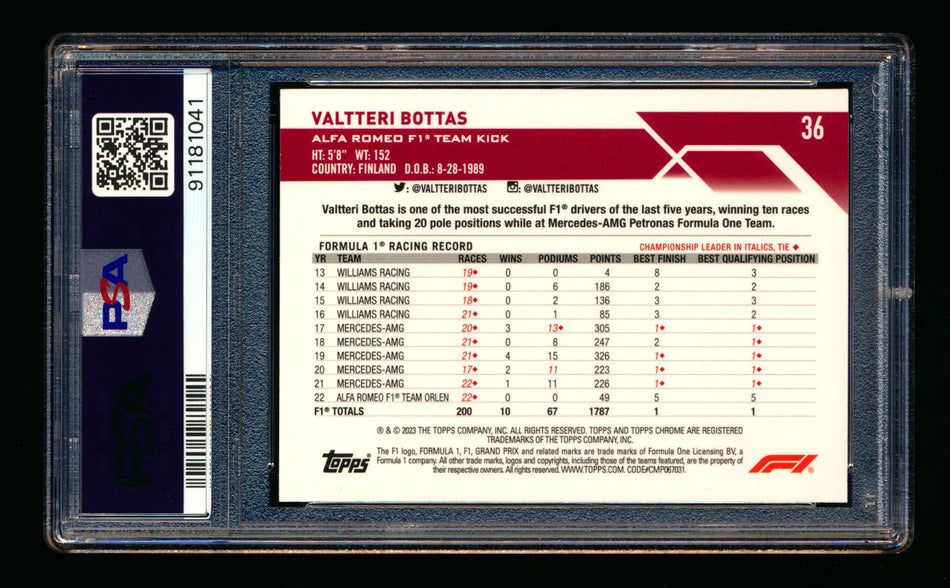 2023 Topps Chrome F1 #36 Valtteri Bottas Orange Wave Refractor Portrait #03/25 PSA 8 ** (SOLD Nationals - $39.00 - 7/31/2025) **