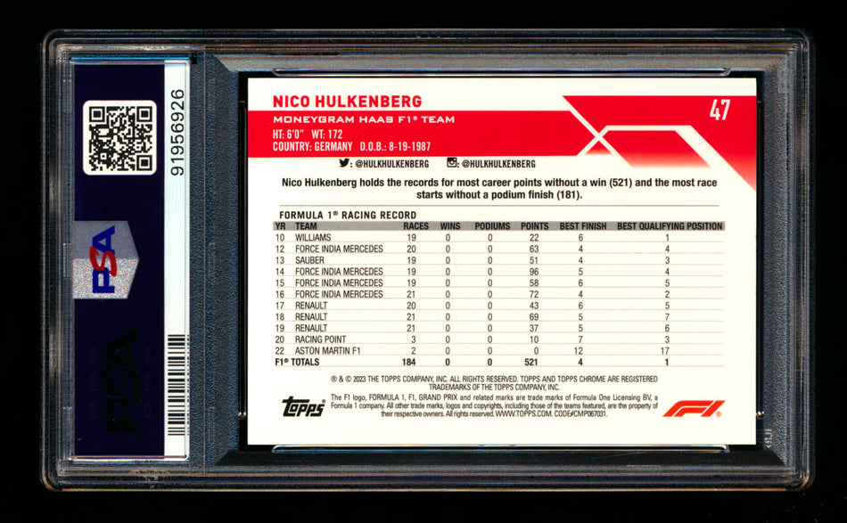 2023 Topps Chrome F1 #47 Nico Hulkenberg 1ST Year Red Refractor #1/5 PSA 9 (First #)