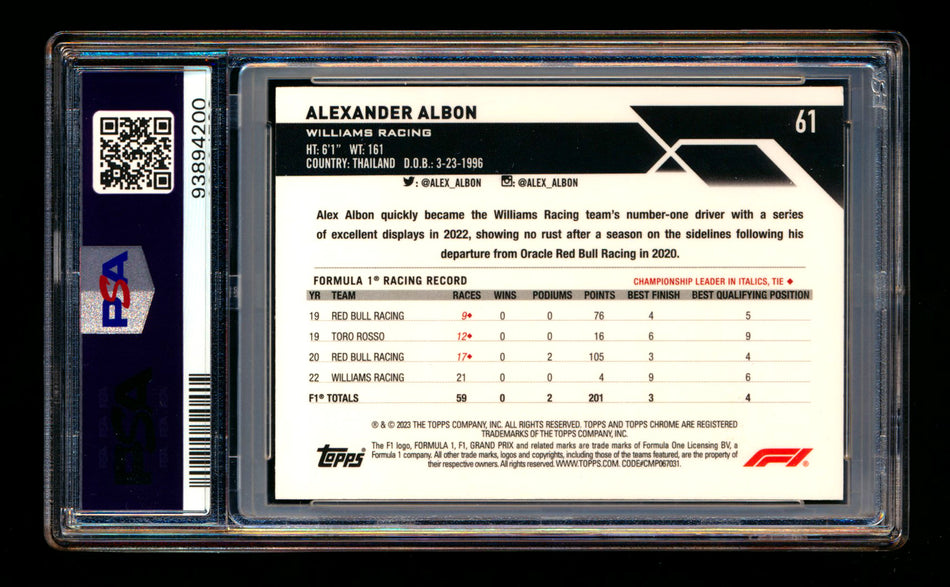 2023 Topps Chrome Sapphire F1 #61 Alexander Albon Gold Refractor Portrait #36/50 PSA 9 ** (SOLD Nationals - $49.00 - 7/31/2025) **