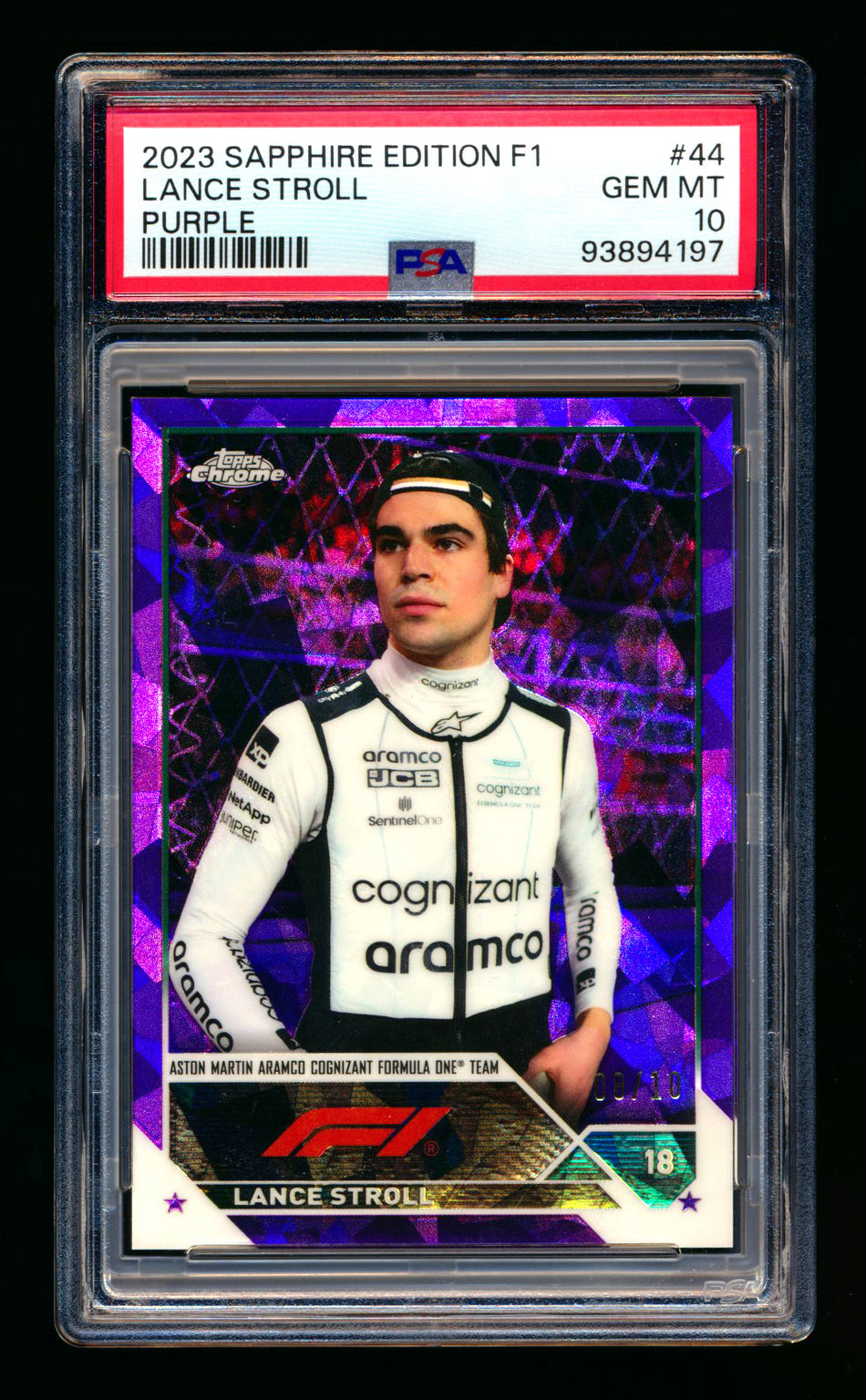 2023 Topps Chrome Sapphire F1 #44 Lance Stroll Purple Refractor #08/10 PSA 10 ** (SOLD eBay - $79.00 - 6/18/2025) **