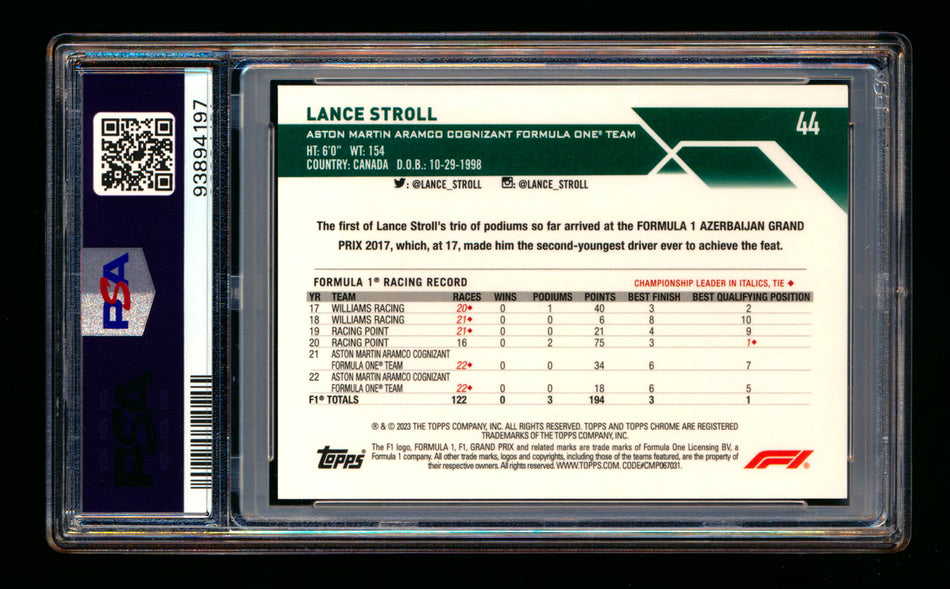 2023 Topps Chrome Sapphire F1 #44 Lance Stroll Purple Refractor #08/10 PSA 10 ** (SOLD eBay - $79.00 - 6/18/2025) **
