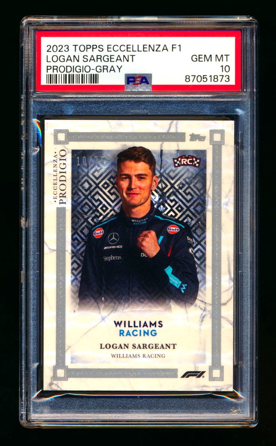 2023 Topps Eccellenza F1 Prodigio Logan Sargeant RC Gray Parallel #10/75 PSA 10