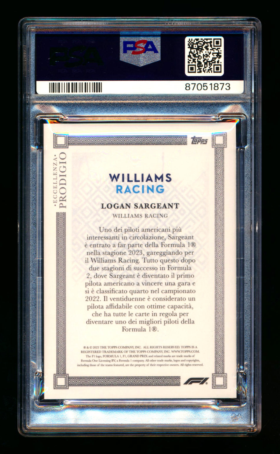 2023 Topps Eccellenza F1 Prodigio Logan Sargeant RC Gray Parallel #10/75 PSA 10