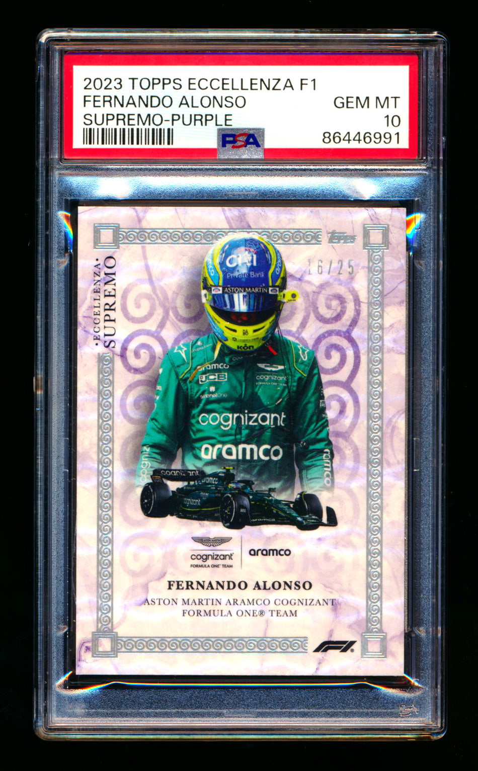 2023 Topps Eccellenza F1 Supremo Fernando Alonso Purple Parallel #16/25 PSA 10