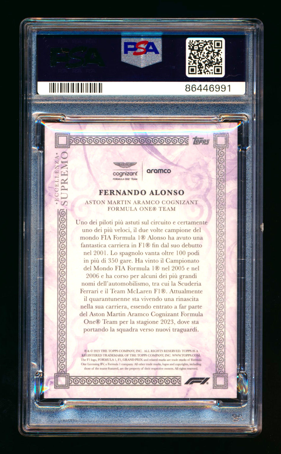2023 Topps Eccellenza F1 Supremo Fernando Alonso Purple Parallel #16/25 PSA 10