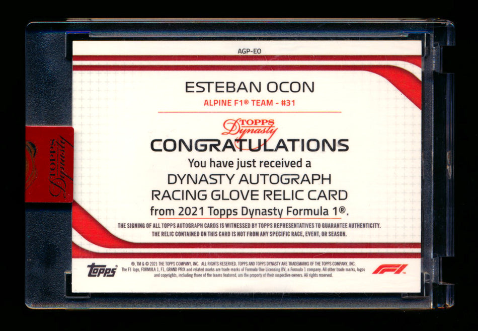 2021 Topps Dynasty F1 #AGP-EO Esteban Ocon Glove Patch Autograph #01/10 (First #!) ** (SOLD eBay - $159.00 - 6/15/2025) **