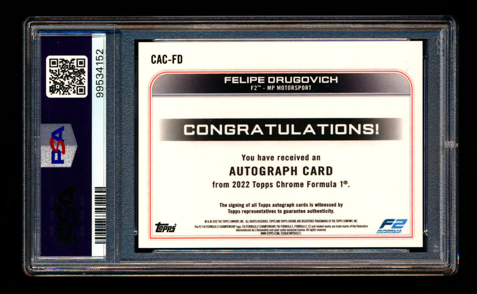 2022 Topps Chrome F1 #CAC-FD Felipe Drugovich RC Refractor Autograph PSA 10 ** (SOLD eBay - $35.00 - 5/31/2025) **