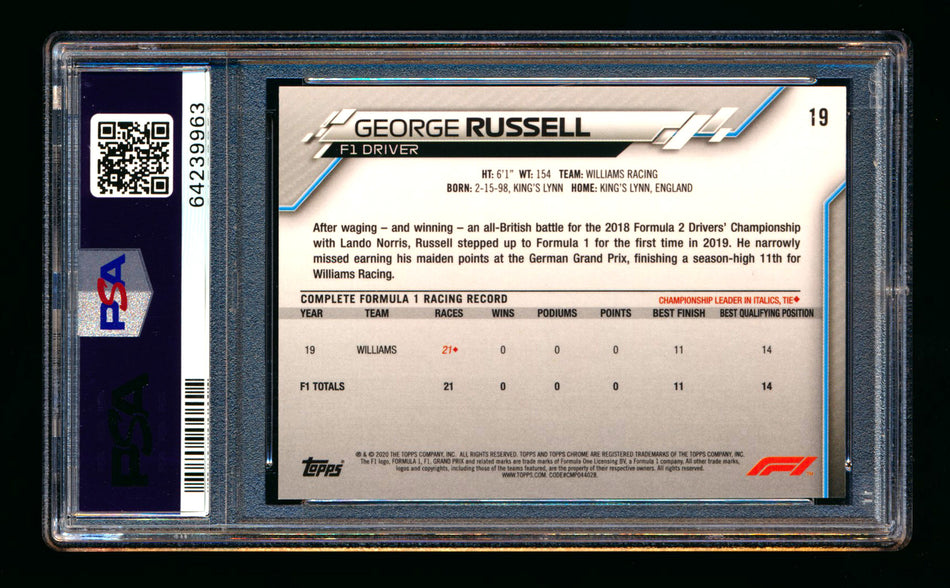 2020 Topps Chrome F1 #19 George Russell RC Portrait PSA 9