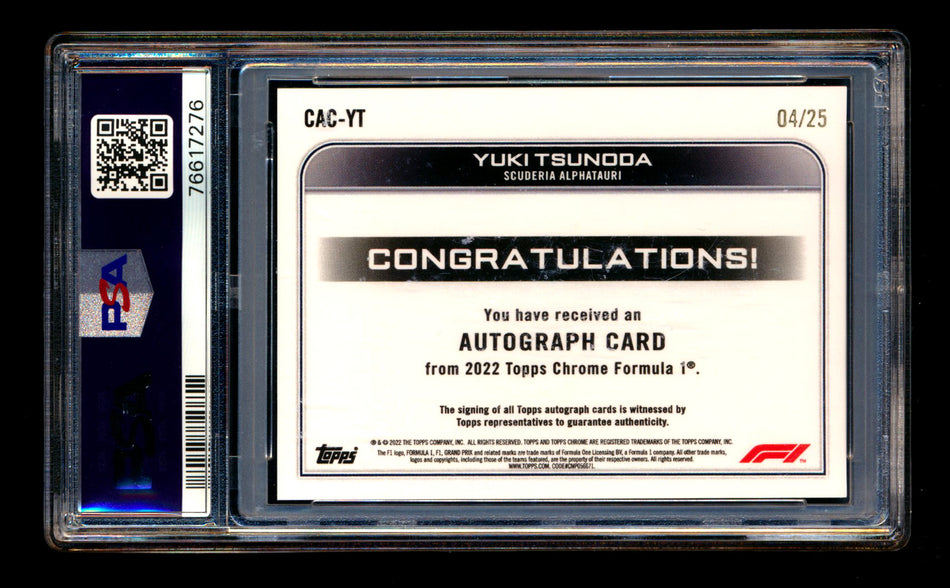 2022 Topps Chrome F1 #CAC-YT Yuki Tsunoda Orange Refractor Autograph #04/25 PSA 9 ** (SOLD Fanatics Fest - $179.00 - 6/20/2025) **
