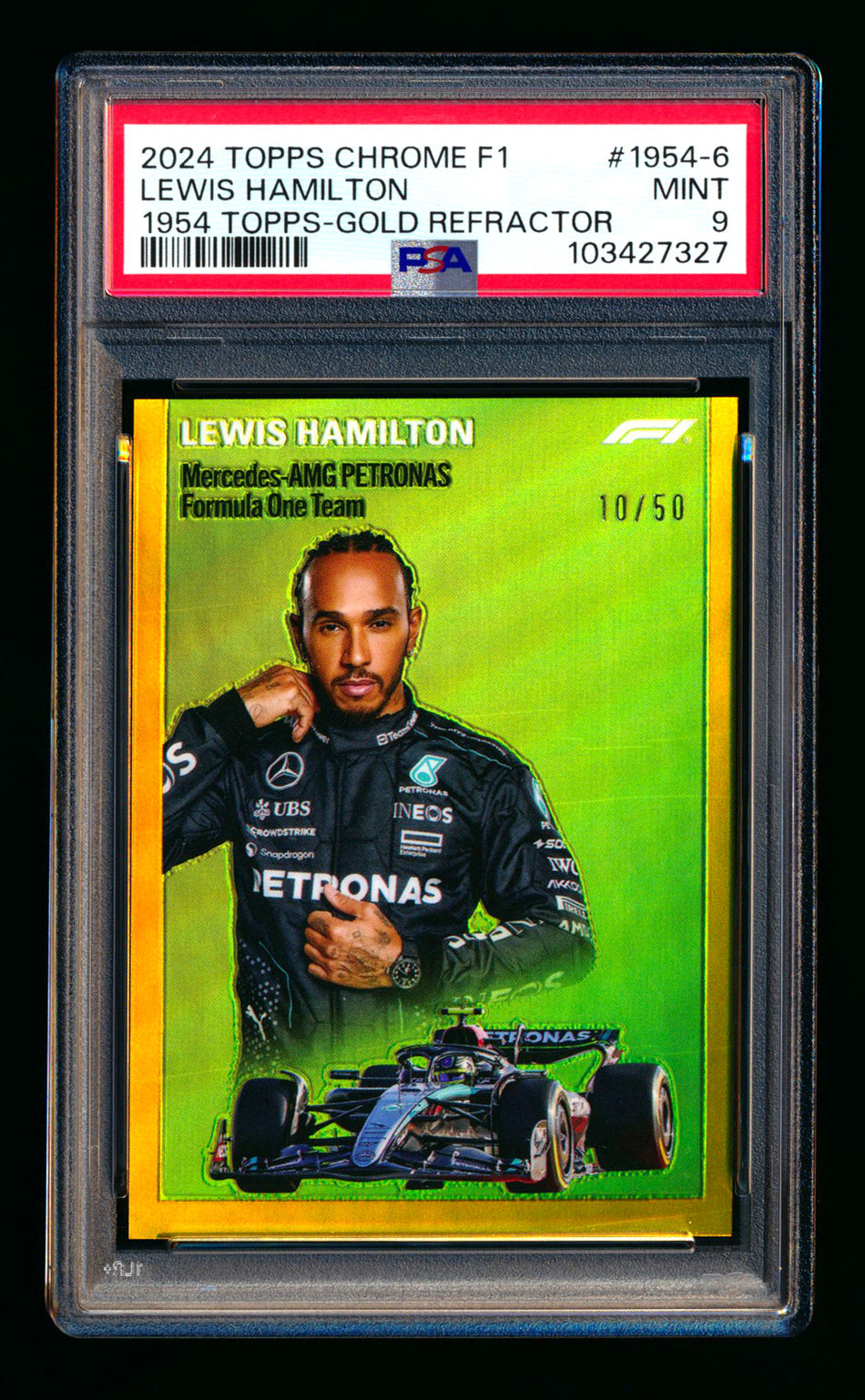 2024 Topps Chrome F1 #1954-6 Lewis Hamilton 1954 Gold Refractor #10/50 PSA 9 ** (SOLD Fanatics Fest - $135.00 - 6/20/2025) **