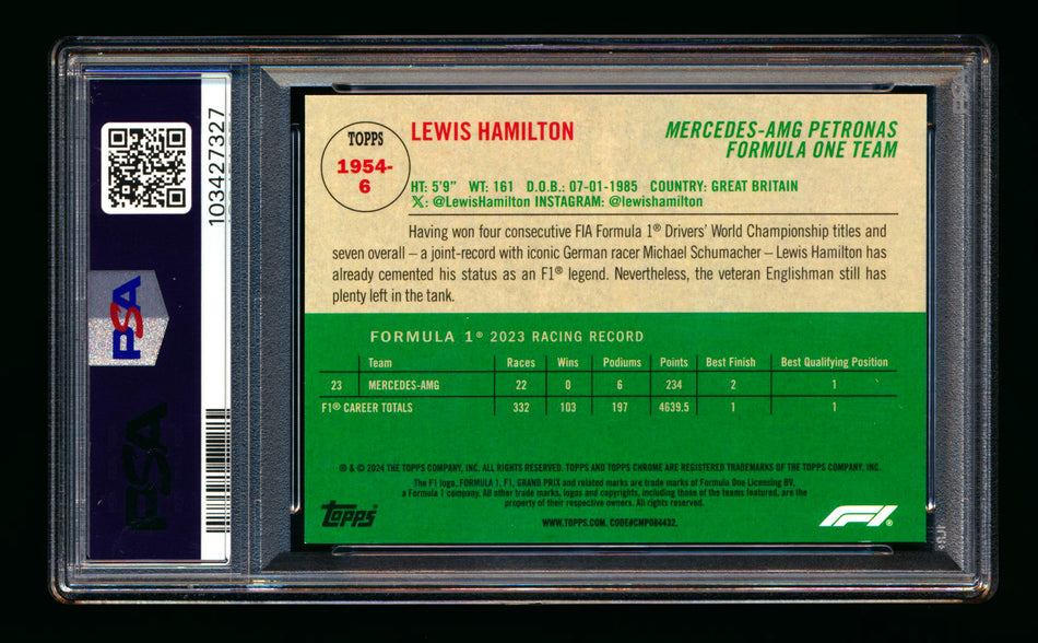2024 Topps Chrome F1 #1954-6 Lewis Hamilton 1954 Gold Refractor #10/50 PSA 9 ** (SOLD Fanatics Fest - $135.00 - 6/20/2025) **