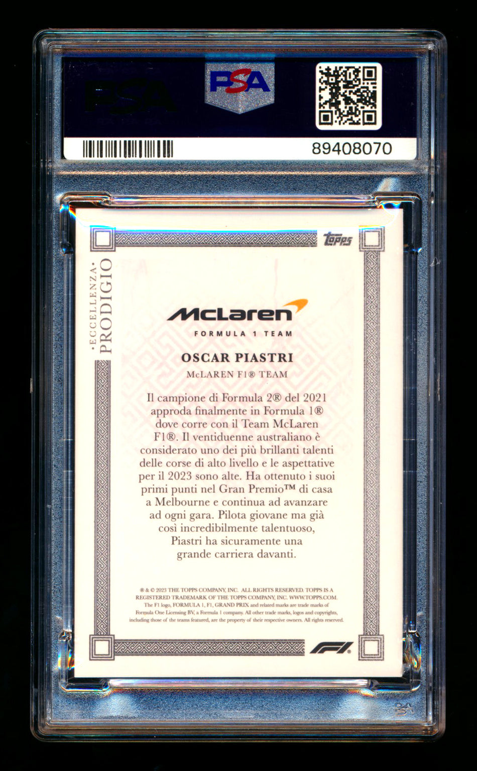 2023 Topps Eccellenza F1 Prodigio Oscar Piastri RC Red Parallel #03/10 PSA 9