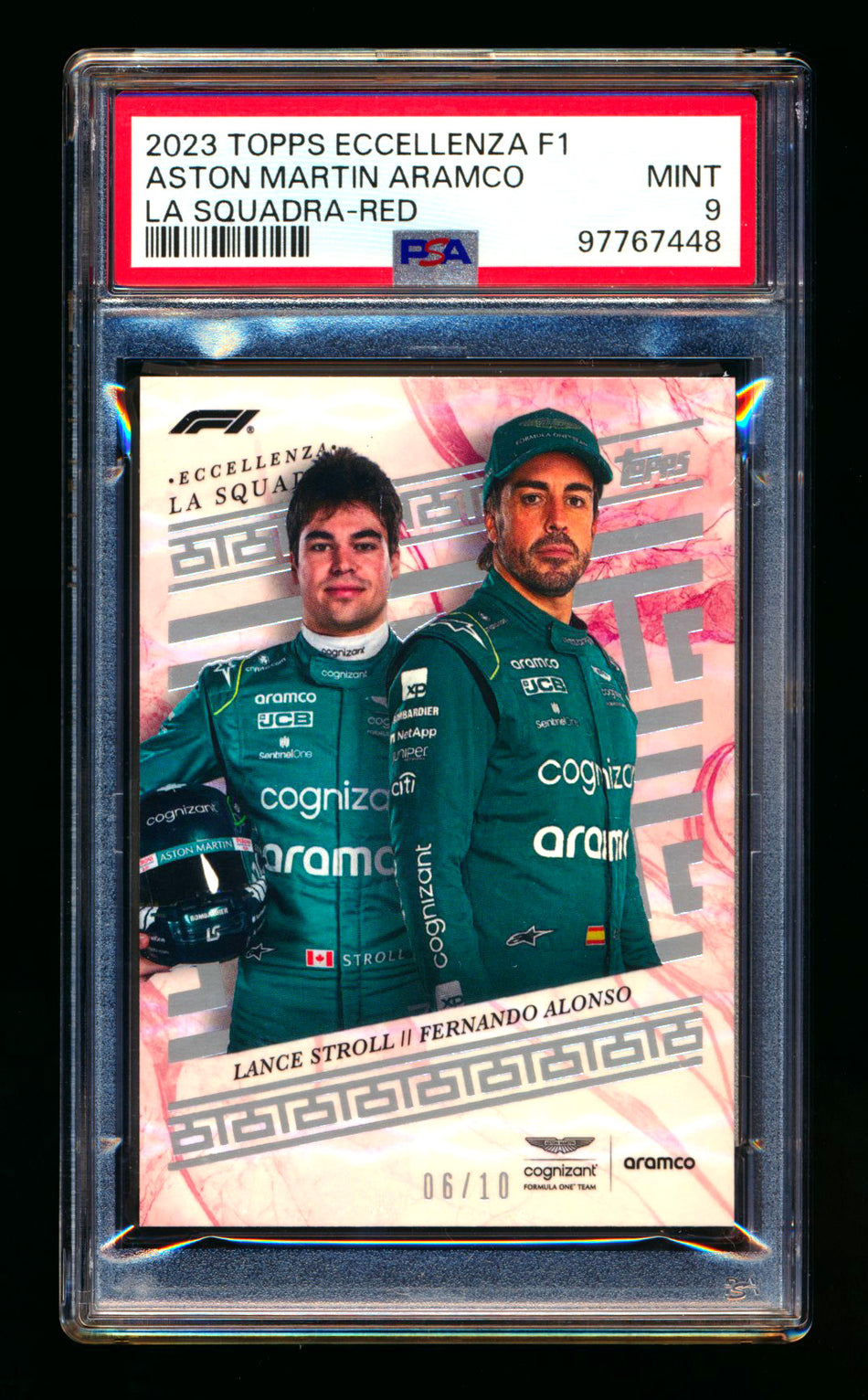 2023 Topps Eccellenza F1 La Squadra Aston Martin Aramco Lance Stroll/Fernando Alonso Red Parallel #06/10 PSA 9