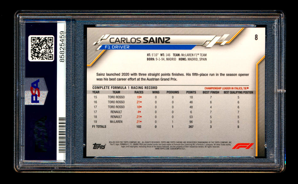 2020 Topps Chrome Sapphire F1 #8 Carlos Sainz RC Refractor Portrait PSA 10 ** (SOLD Nationals - $60.00 - 8/1/2025) **