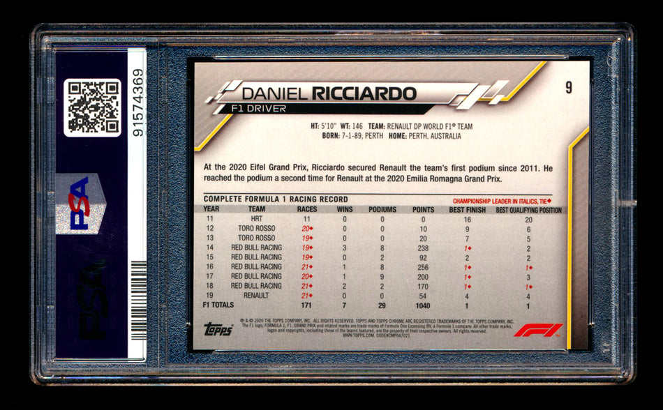 2020 Topps Chrome Sapphire F1 #9 Daniel Ricciardo RC Refractor Portrait PSA 10 ** (SOLD Nationals - $75.00 - 8/1/2025) **