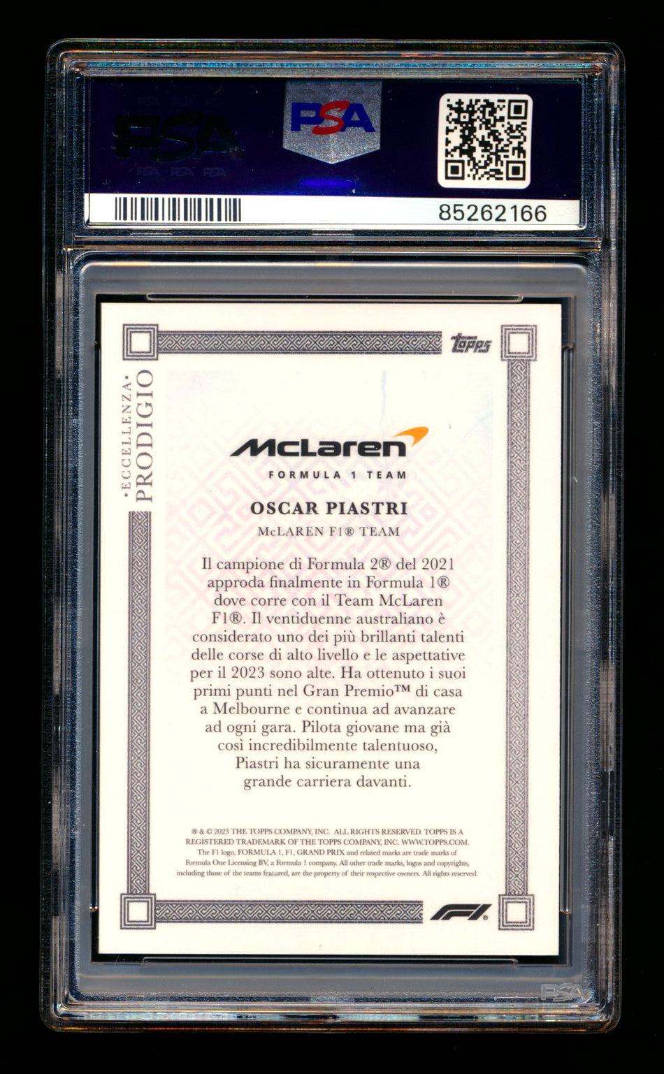 2023 Topps Eccellenza F1 Prodigio Oscar Piastri RC Gradient Parallel #5/5 PSA 10 (Last #!)